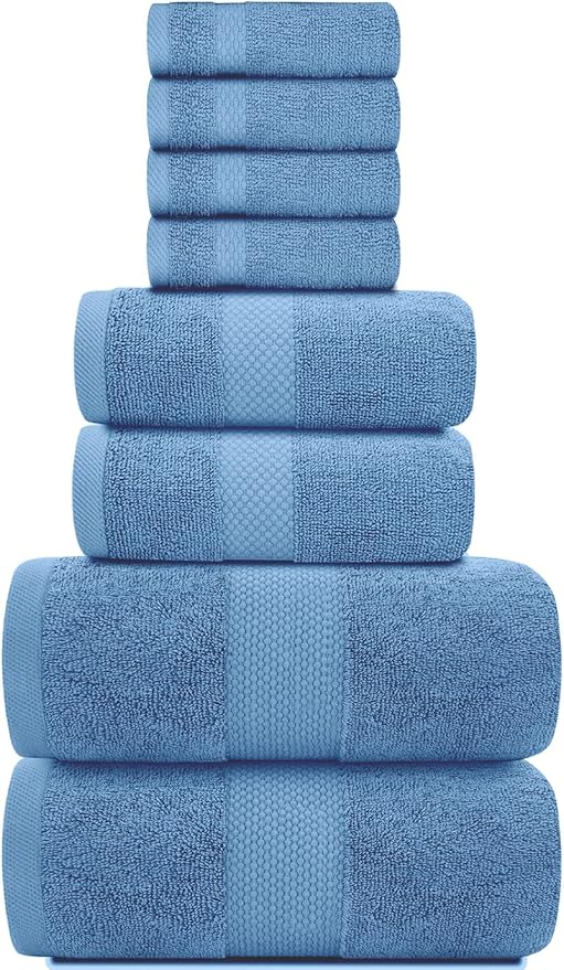 White Classic Luxury Bath Towel Set of 8 Pieces - 100% Turkish Cotton Highly Absorbent Towels for Bathroom, 2 Luxury Bath Towels 700GSM, 2 Hand Towels, 4 Washcloths, Light Blue