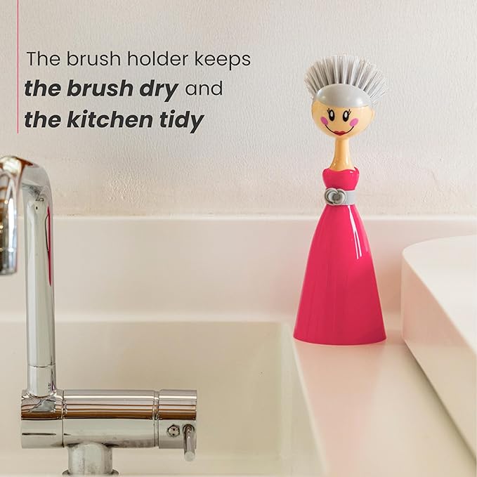 Vigar Dolls Dish Brush with Ergonomic Handle and Dress-Shaped Brush Holder, Dish Brush with Handle for Kitchen Dishes and Sink Cleaning, Pink, Gray