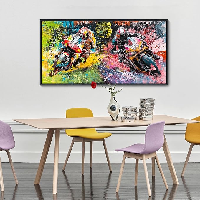 JEAWA Framed Canvas Wall Art - 24x48 In Large Abstract Painting Decor, Motorcycle Racing Color Graffiti Pictures, Modern Art Prints for Bedroom Living Room Bathroom Home Decoration