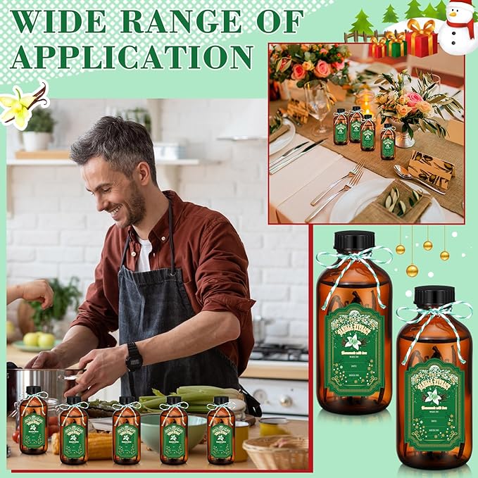 Uiifan 12 Pack Amber Glass Bottles Boston Round Sample Bottles Glass jars with Lids Dark Vanilla Extract and 12 Pcs Christmas Green Snowflakes Stickers for Gift Beans(4 oz)