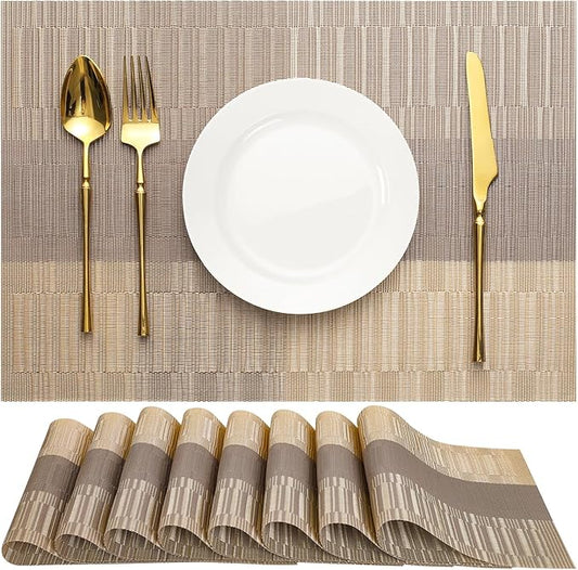 Placemats Set of 8, Vinyl Woven Place Mats Indoor Set of 8 Washable Wipeable PVC Table Mats Heat-Resistant Non Slip Plastic Placemat for Kitchen Dining Outdoor Table (Gray Gold, Set of 8)