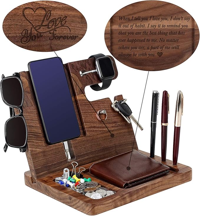 Wood Phone Docking Station for Men Personalized - for Him Husband Boyfriend Birthday - Wooden Organizer Nightstand Organizer
