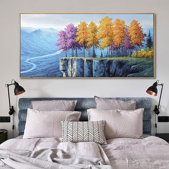 yiijeah Modern Wall Art - Landscape Wall Decor Living Room Bedroom Purple Tree Mountains and Rivers Printings Extra Large Canvas Picture Framed Artwork for Walls Relaxed Office Home Decoration