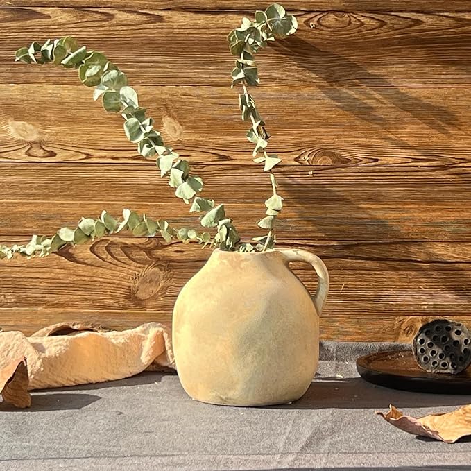 Ceramic Rustic Vase with Handle, Beige Vintage Pottery Flower Vase, Rustic Farmhouse Home Decor for Living Room, Kitchen, Thanksgiving Centerpieces, 5.6 Inch