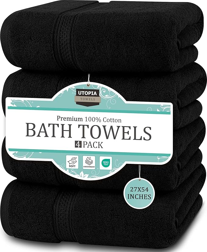 Utopia Towels 4 Pack Premium Bath Towels Set, 27 by 54 Inches, 100% Ring Spun Cotton 600GSM, Lightweight and Highly Absorbent Quick Drying Towels, Perfect for Daily Use, Black