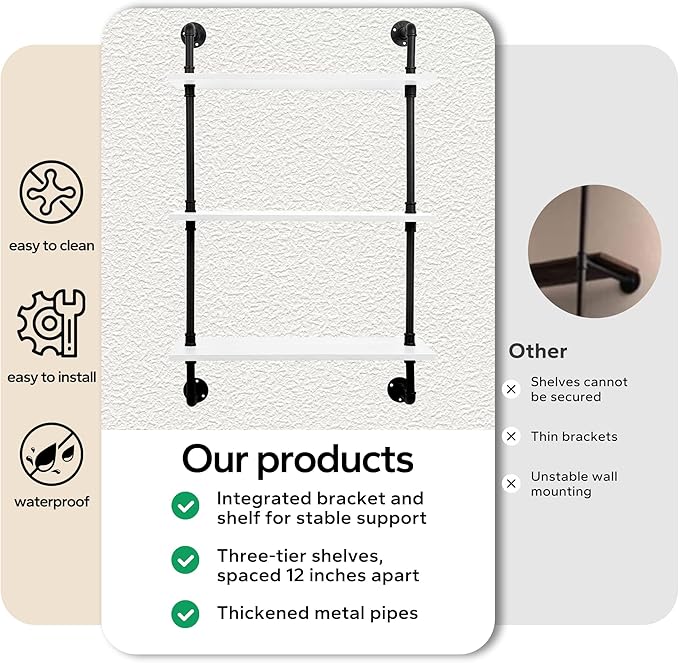 3-Tier Industrial Pipe Floating Shelf – Rustic 36 inch Wood Wall-Mounted Storage Shelf for Kitchen Office,Bathroom & Home Decor -White