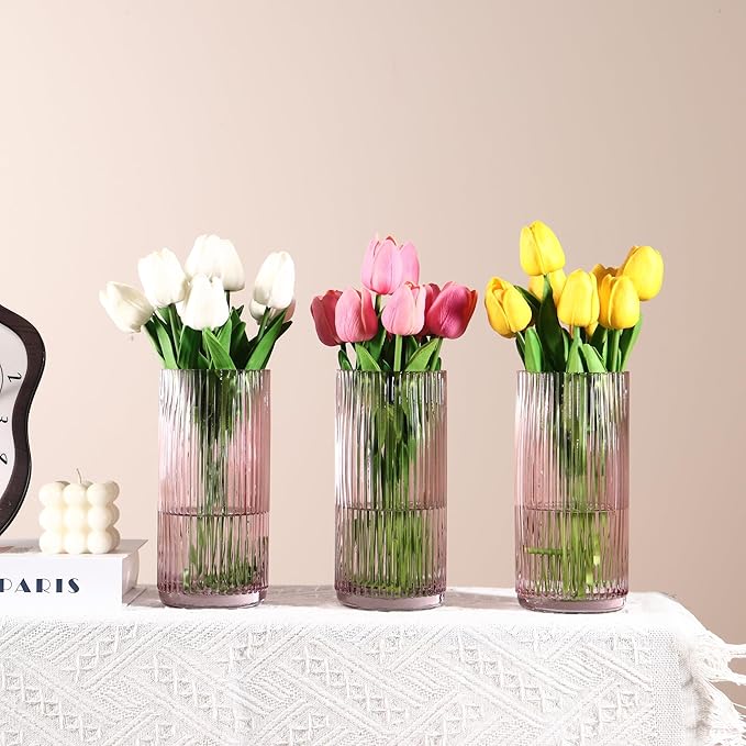 Pink Glass Vases, Flower Vases Set of 3, Ribbed Glass Vase for Tulips, Tall Cylinder Glass Vases for Living Room, Bedroom, Dining Table, Office, Wedding, Bookshelf Decoration, 8 Inches