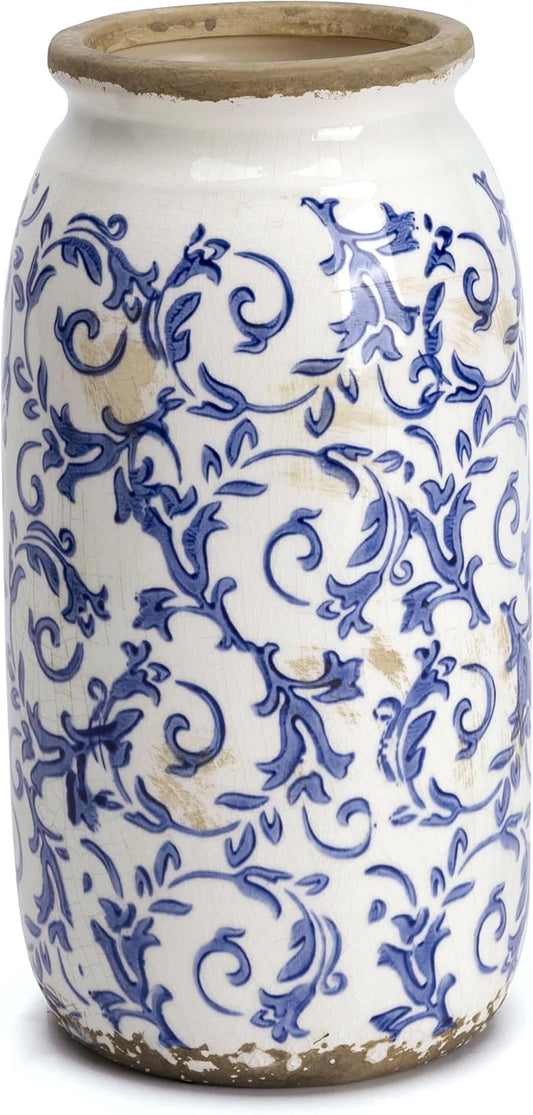 VICTOR & TERESA Rustic Large Blue and White Vase for Home Decor, 10'' Tall Ceramic Vases for Flowers, Farmhouse Decorative Vases for Pampas Grass,Table, Mantel, Living Room, Centerpieces