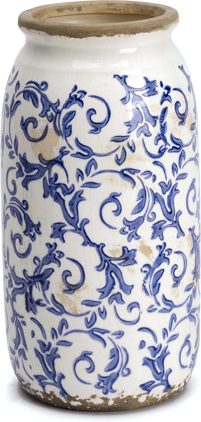 VICTOR & TERESA Rustic Blue and White Vase for Home Decor, Ceramic Vases for Flowers, Modern Farmhouse Decorative Vases for Pampas Grass,Table, Mantel, Living Room,Bookshelf, Centerpieces, 8''