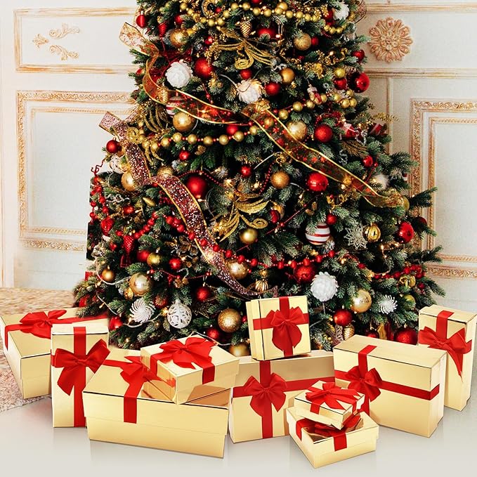 Tenceur 10 Pcs Gift Boxes with Lids Heavy Duty Nested Assorted Sizes Cardboard Gift Boxes for Presents with Ribbon for Xmas Holiday Present(Gold, Red,5 Size)