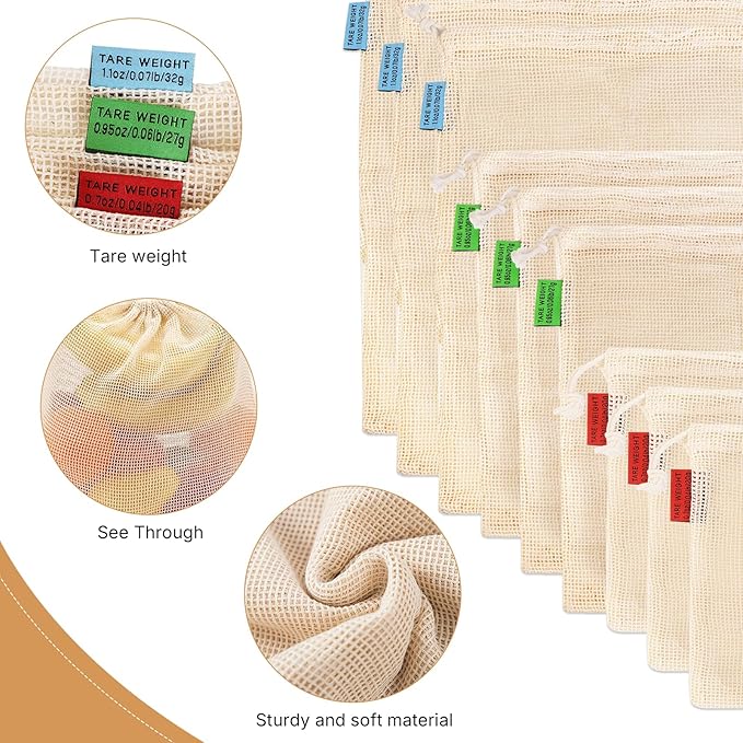 6 Pack Reusable Produce Bags - Cotton Mesh Produce Bags - Reusable Shopping Bags - Vegetable Grocery Cotton Mesh Bags for Farmers Market, Beach, and Refrigerator Storage Vegetables,2xS, 2xM, 2xL.