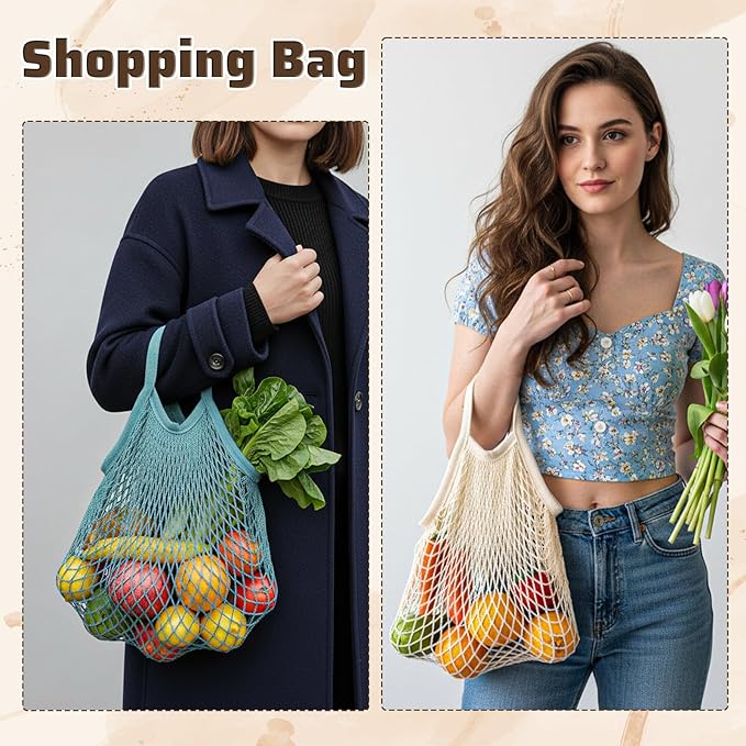 2 Pack Reusable Grocery Bags Cotton Mesh Produce Bags Long Handle Mesh Tote Bag for Fruit & Veggie Storage(Beige and Blue-Gray)