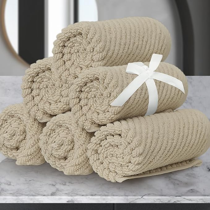 VOOVA & MOVAS Beige Face Cloths, (6PC, 13"x13") - 100% Cotton | Lightweight | Thick | Quick Dry | Soft | Absorbent, Wash Cloths for Showering & Bathroom, Bathroom Essentials, Dark Tan