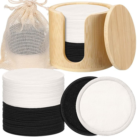 Foaincore 40 Pcs Reusable Makeup Remover Pads with Mesh Laundry Bag Washable Bamboo Cotton Rounds Soft Reusable Face Pad for Toner Skin Types with Bamboo Holder (Black White)