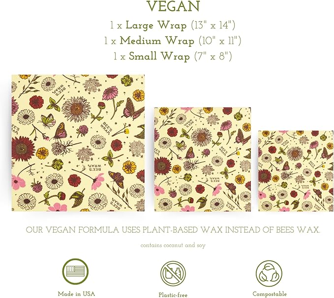 Bee's Wrap Vegan Beeswax Wraps for Food - Made in USA Reusable & Organic Food Wraps, Sandwich Wrap & Bowl Covers - Eco Alternative to Aluminum Foil & Plastic Wrap, Vegan Meadow Magic 3 Pack (S, M, L)