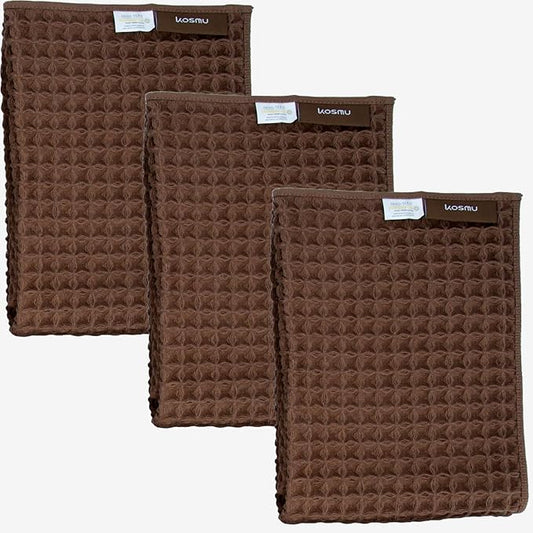 Luxury Japanese Cotton Silk Waffle Bath Towel | Plush, Absorbent, and Quick Dry (Dark Cocoa, Hand Towel (3 Pack))