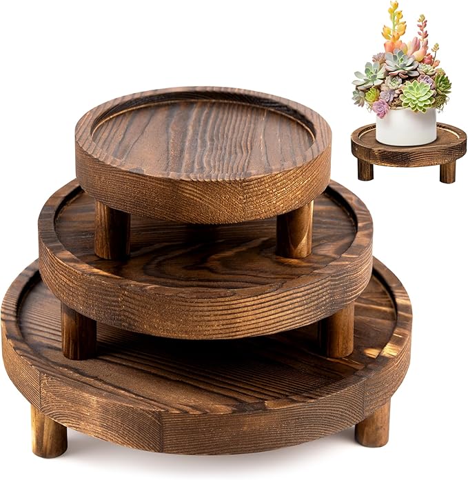 3 Pcs Wood Plant Stand Indoor , Round Wooden Risers for Decor 6/8/10" Wooden Display Stand Flower Pot Holder Small Planter Stand, Display Stand for Succulents, Home Decor(Natural)