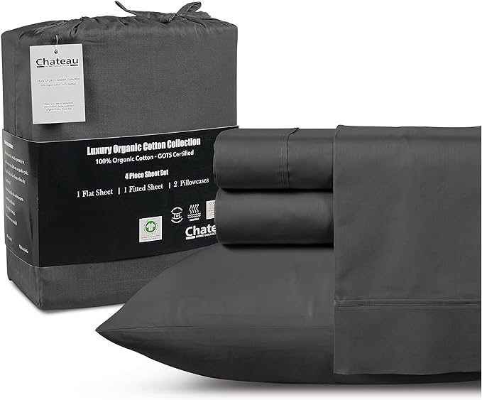 Organic Cotton Sheets Queen Sheet Set Deep Pocket,100% Cotton Bed Sheets Queen Size Set, No Pill Soft & Comfy Naturally Cool Breathable Elasticated Sheet & Pillowcase Sets- Charcoal