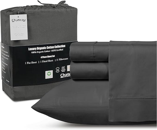 Organic Cotton Sheets Queen Sheet Set Deep Pocket,100% Cotton Bed Sheets Queen Size Set, No Pill Soft & Comfy Naturally Cool Breathable Elasticated Sheet & Pillowcase Sets- Charcoal