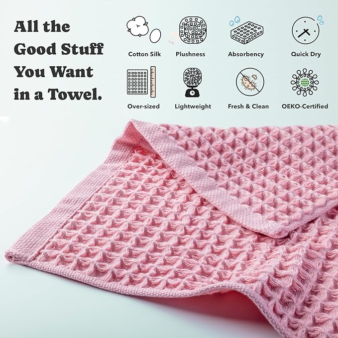 Luxury Japanese Cotton Waffle Bath Towel | Plush, Absorbent, and Quick Dry | Free Storage Bag Included (Sakura Pink, Bath Sheet, 67" x 34")