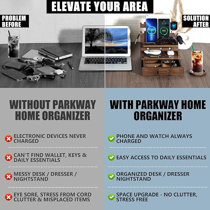 Wood Phone Docking Station for up to 3 Phones - Nightstand Organizer with Drawer for Valuables for Men & Women, Compatible with Apple Watch, Holds Phones, Tablets, Keys, Rings, Glasses, Watches & EDC