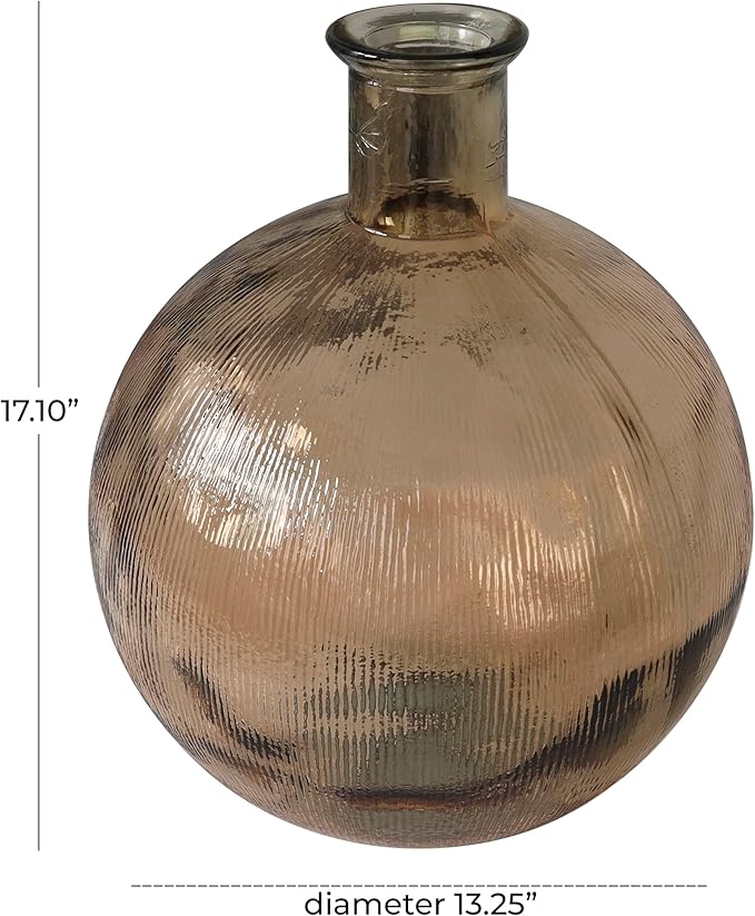 Deco 79 Recycled Glass Handmade Decorative Vase Spanish Bottle Neck Ribbed Centerpiece Vase, Flower Vase for Home Decoration 13" x 13" x 17", Brown