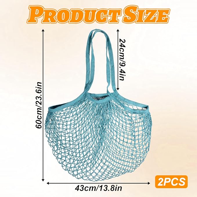 2-Pack Reusable Mesh Grocery Bags, Cotton String Storage Organizer Shopping Bags Washable Produce Bag with Long Handle Portable Net Tote Bag for Vegetables Fruit Farmers Market Shopping
