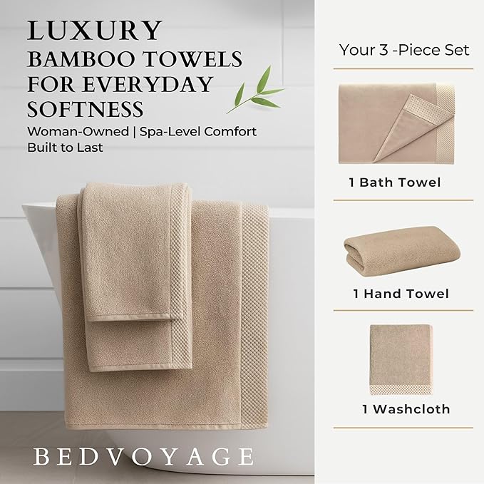 BedVoyage Luxury Bath Towels Set of 3 - Ultra Soft Plush Bathroom Towel Set - Highly Absorbent Viscose from Bamboo Bath Towels Ultra Soft - 3pc Spa Towel for Body - Champagne