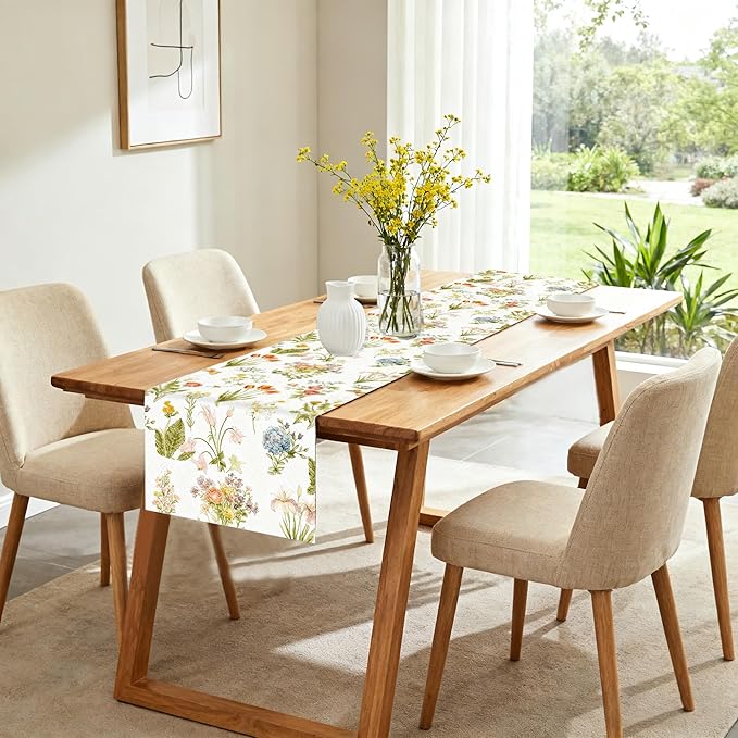 Floral Table Runner, Modern Art Farmhouse Runners 13x72 Inches Long for Dining Tables Decor, Cottagecore Style, Party and Home Decoration