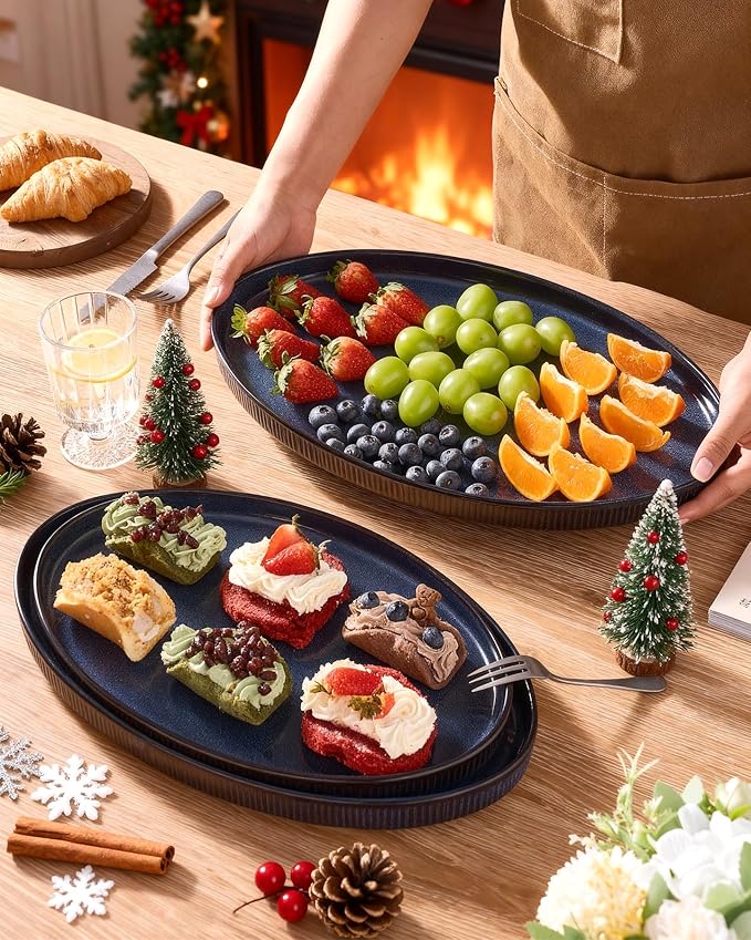 famiware Serving Platter, 16/14.6/12.9 Inch Serving Dishes for Entertaining, Party Serving Trays for Food, Buffet Oval Platters for Food, Large Plates for Bread Turkey Cheese Appetizer, Nebulas Blue