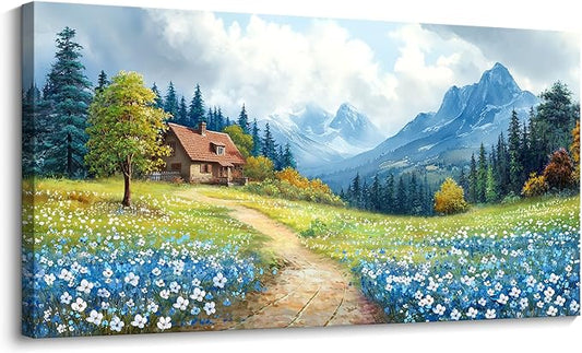 CHATYOUNG Bathroom Canvas Wall Art Paintings, Blue Mountains Wild Flowers Rustic Landscape Prints Wall Pictures Large 20"X40" for Living Room Bedroom Bathroom Home Decor Gift
