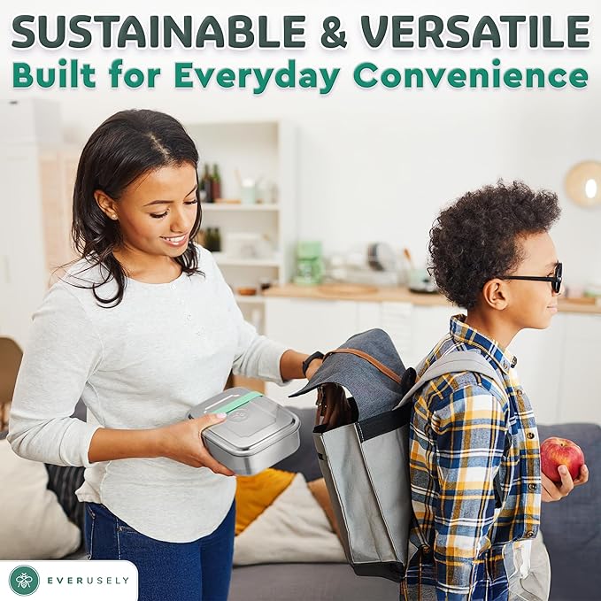 Everusely - Bento Box - Green, 60oz / 1.8 L - Stainless Steel Lunch Box with Leakproof Condiment Container - 3 Compartment Snack Organizer for On the Go Meals - Freezer & Dishwasher Safe