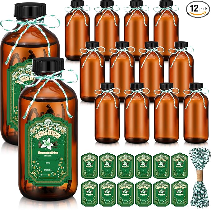Uiifan 12 Pack Amber Glass Bottles Boston Round Sample Bottles Glass jars with Lids Dark Vanilla Extract and 12 Pcs Christmas Green Snowflakes Stickers for Gift Beans(4 oz)