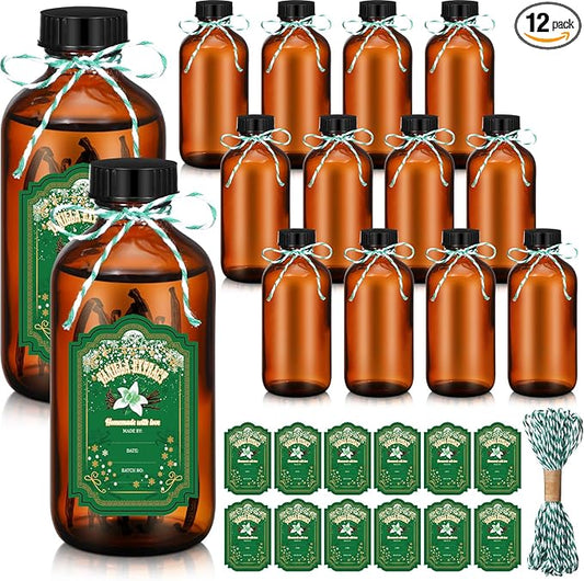 Uiifan 12 Pack Amber Glass Bottles Boston Round Sample Bottles Glass jars with Lids Dark Vanilla Extract and 12 Pcs Christmas Green Snowflakes Stickers for Gift Beans(4 oz)