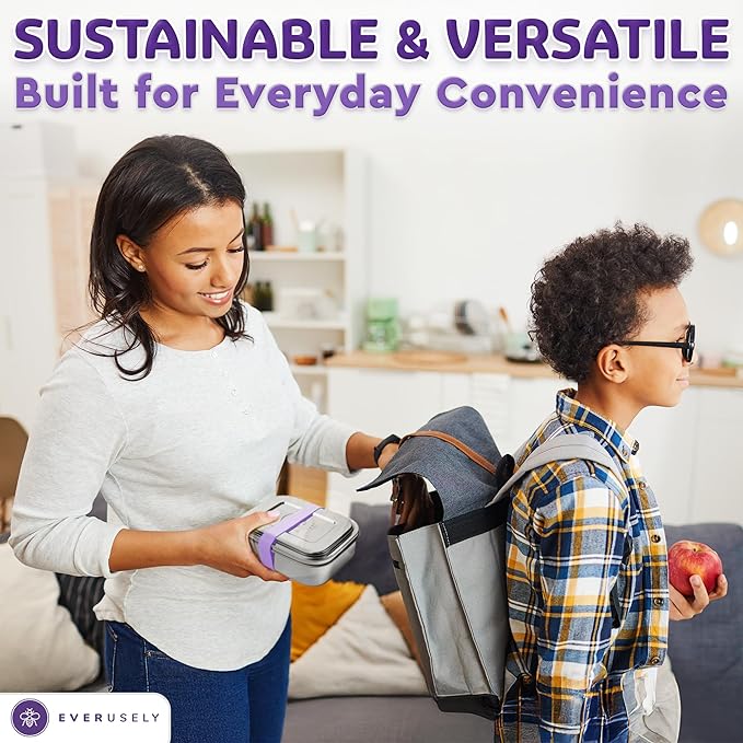 Everusely - Bento Box - Lavender, 27oz / 0.8 L - Stainless Steel Lunch Box with Leakproof Condiment Container - 3 Compartment Snack Organizer for On the Go Meals - Freezer & Dishwasher Safe