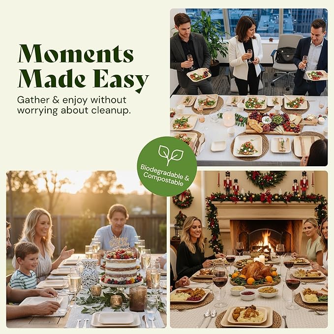 Chic Leaf Palm Leaf Compostable Plates - 6" Square, Pack of 50 - Disposable Dinnerware for Christmas Food, Rustic Bamboo Appetizer Plates - Charcuterie Boards & Biodegradable Serviceware