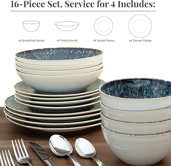 Larder & Vine Ceramic Stoneware Dinnerware 16-Piece Set, 4 Place Settings (Bondi Waters)