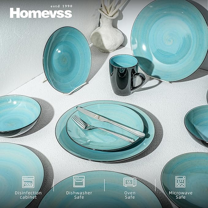 Sonoma 16 Piece Stoneware Dinner Set, Outside Black + Inside Handpainted Color Turquoise with speckle