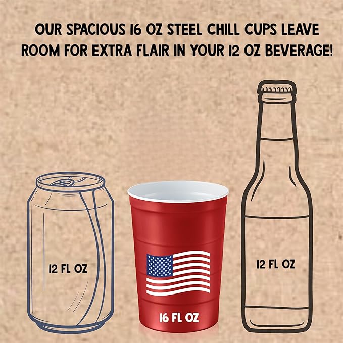 16 oz. Party Cups Flag Design for Cold Drinks, Sturdy and Durable, Disposable, Recyclable, Made in USA, Patriotic, Red, 12 Count