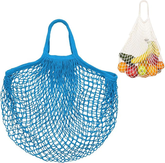 1-Pack Cotton Mesh Bag, Reusable Washable Mesh Net String Grocery Bags, Reusable Produce Bags with Handle, Net Tote Bag for Fruits/Vegetables Shopping [Blue, Short Handle]