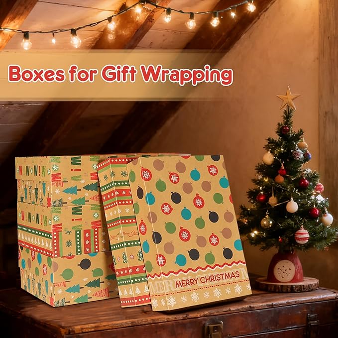 joyhalo 24 Pack 14.5" Christmas Gift Boxes with Lids for Presents, 4 Designs Gift Boxes Bulk, Kraft Gift Wrapping Boxes for Clothes,Shirts,Robes,Sweaters and Socks