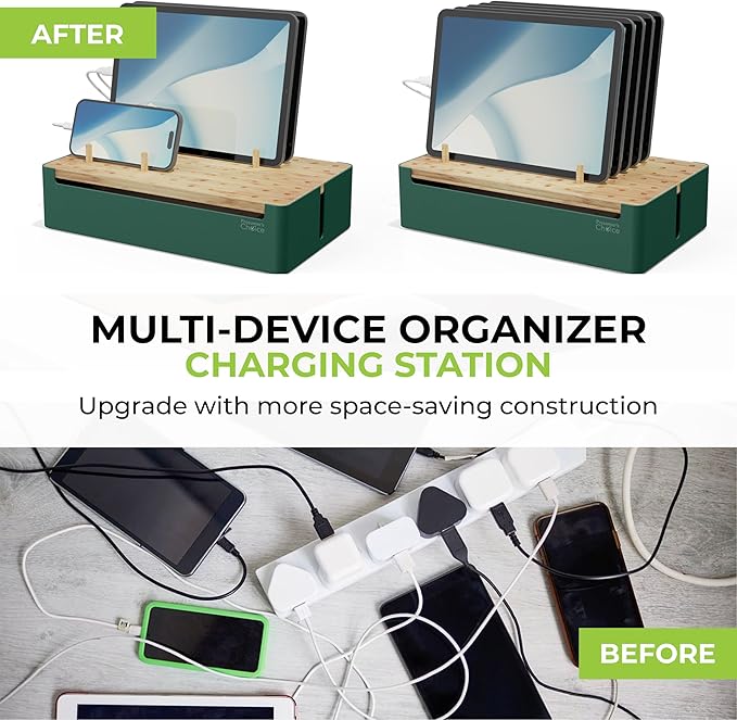 Prosumer's Choice Bamboo Charging Station - Multi Charger Station Organizer - Desk Docking Station for Phones, Tablets, Laptop - Wooden Charging Station with Removable Dividers - Cables Not Included