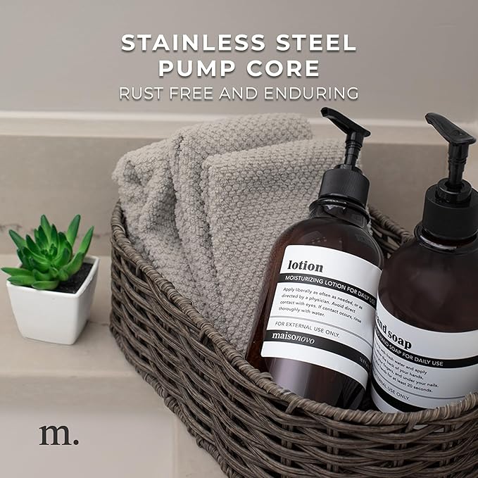 MaisoNovo Refillable Shampoo and Conditioner Bottles | 16.9 fl oz Set of 3 Amber Plastic Bottles Black Pumps