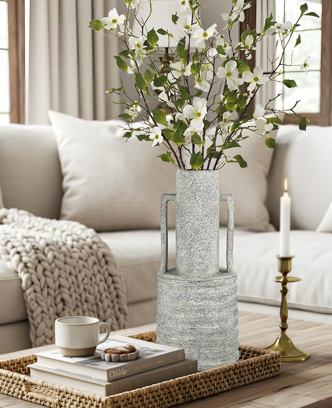 Hollyone Large Vintage Ceramic Vase with 2 Handles, 15.6" Tall Gold-Toned Antique Rustic Decorative Floral Grey Vases for Flowers Home Table Centerpiece Shelf Living Room Entryway Farmhouse Decor