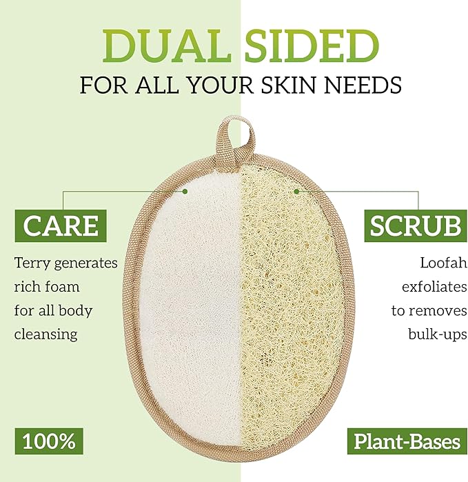 Natural Loofah Exfoliating Body Scrubber (Pack 2- Size L), Loofah Bath Sponge, Luffa for Women and Men, 100% Biodegradable Compostable, Dye Free, Zero Waste Eco Friendly Sustainable (4.7" x 6.3" each)
