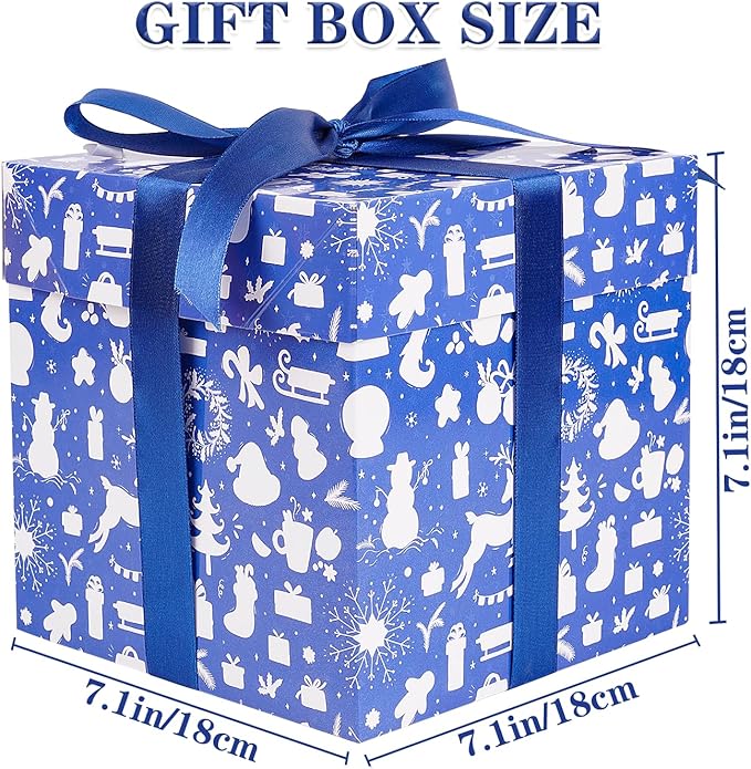 Jaywayang 5 Pack Blue Christmas Gift Boxes with Lids, Ribbons and Tissue Papers Square Gift Boxes - 7.1 Inch - Presents Wrapping Christmas Gift Holiday New Year Party Favor Boxes.
