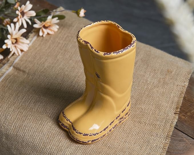 Quoowiit Ceramic Rustic Farmhouse Boot Vase, Yellow Distressed Flower Vase for Home Decor, Decorative Vases for Centerpiece Table Decorations, Vases for Living Room Kitchen Entryway Mantle Shelf Decor