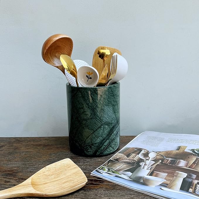 Handmand Natural Marble Stone Vintage Kitchen Utensil Holder - 5.1" D X 6.3" H Kitchen Counter Organizers and Storage Tool Crock (Indian Green)
