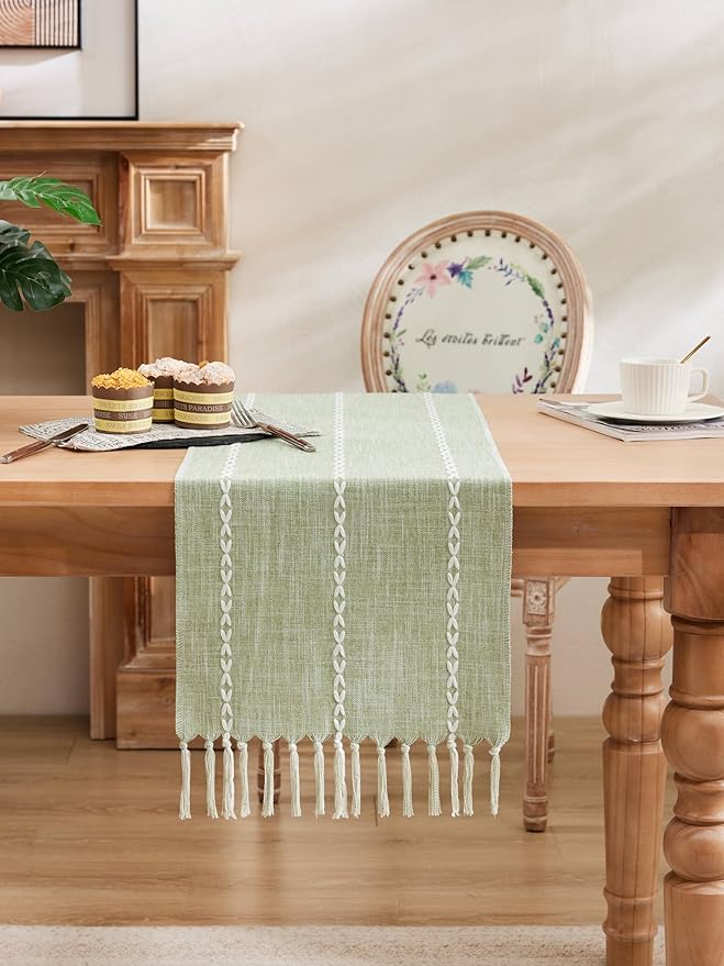 Braided Farmhouse Table Runner,Braided Sage Green 13x72Inch, Cotton Linen Table Runners 72 Inches Long, Embroidered Striped Sage Green Boho Table Runner Rustic Home Decor