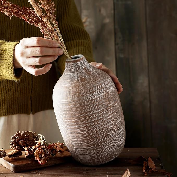 2024 Updated ALMA 9-in Tall Flower Vase Terracotta, Rustic Ceramic Vase for Pampas Grass|Farmhouse Decorative Vase in Boho Home Decor, Room, Shelf, Mantle Decor